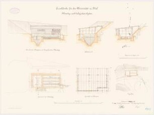 Irrenklinik der Christian-Albrechts-Universität Kiel Kläranlage: Lageplan 1:250, Grundriss der Kläranlage, des Schuppens, Querschnitte, Längsschnitt, Ansicht, 1:100