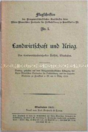 Geheftete Flugschrift über die Aufgaben der Landwirtschaft im Krieg