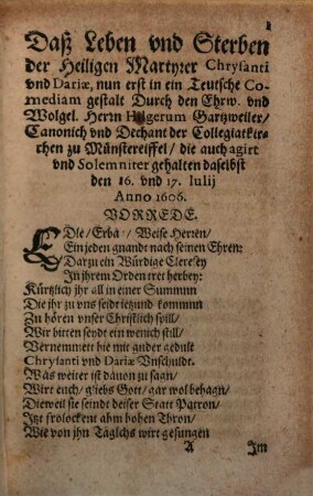 Spiegel der Keuscheidt, oder Historia Von Leben, Thaten vnd Sterben Zweyer H. Martyrer, Chrysanti vnnd Dariae, Patronen der Collegiat Kirchen zu Münster Eyffel