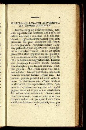 Aristophanis Ranarum Argumentum Per Thomam Magistrum.