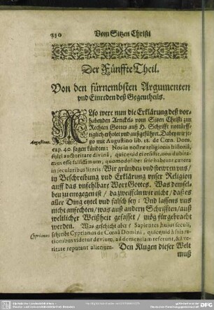 Der Fünffte Theil. Von den Fürnembsten Argumenten und Einreden deß Gegentheils