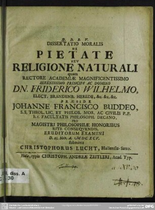 Dissertatio Moralis De Pietate Sev Religione Naturali
