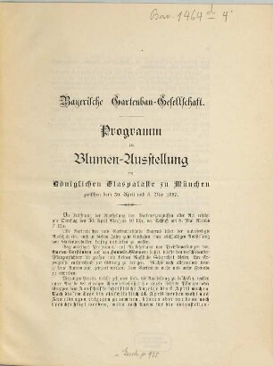 Programm der allgemeinen Blumen-Ausstellung im k. Glaspalaste zu München. 1887, Apr. - Mai