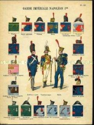 Uniformdarstellung, Fußartillerist, Tambourmajor und Marineinfanterist, Detailstudien von Hüten, Helmen und Abzeichen verschiedener Artillerie-Regimenter, Militärmusik und Marine der Kaiserlichen Garde, Erstes Kaiserreich Frankreich, 1804/1814.