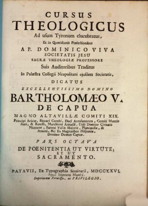 Cursus Theologicus, 8. De Poenitentia ut Virtute; Et Ut Sacramento