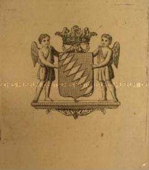 Exlibris: Bekröntes Wappenschild, gehalten von zwei Engeln; 1850/90
