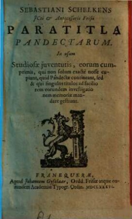 Paratitla Pandectarum : in usum studiosae juventutis ...