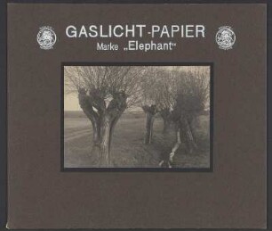Werbekarte für Gaslicht-Papier Marke "Elephant". Ansicht mit Originalfoto einer Gruppe von Kopfweiden an einem Graben
