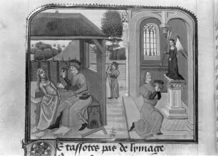 Ms 9392, Le livre d' Othéa, Pygmalion fleht die Göttin Venus an, dem von ihm geschaffenen Standbild Leben einzuhauchen
