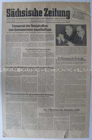 Tageszeitung der SED Sachsen "Sächsische Zeitung" zum Jahrestag der Oktoberrevolution