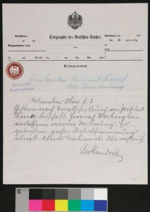 Telegramm an Frau Kapitänleutnant Karpf [Vally von Karpf]