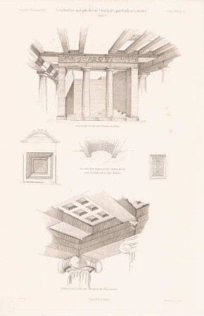Theseus-Tempel (Hephaisteion), Athen. Grabsgrotte, Beni-Hassan. Nike apteros, Athen: Details (aus: Atlas zur Zeitschrift für Bauwesen, hrsg. v. G. Erbkam, Jg. 29, 1879)