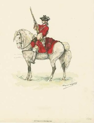 Reiter mit rotem Waffenrock und beigefarbenen Ärmelaufschlägen, Mütze, beigefarbene Hose und grauen Stulpenstiefeln, aufgestützte Muskete, Jahr 1780, Seitenansicht