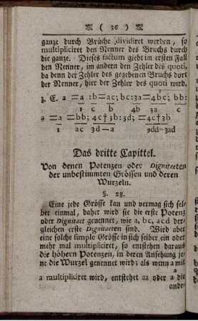Das dritte Capittel. Von denen Potenzen oder Dignitaeten der unbestimmten Grössen und deren Wurzeln.