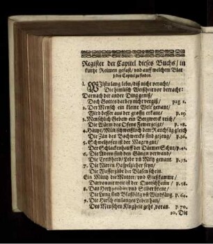 Register der Capitel dieses Buchs/ in kurtze Reimen gefast/ und auff welchem Blat jedes Capitel zu finden