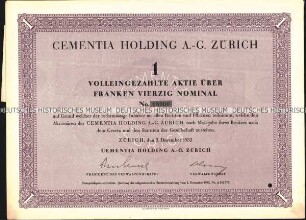 Aktie der Cementia Holding A.-G. Zürich über 40 Schweizer Franken, mit Kupons