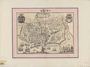 Vogelschaubild der Stadt Emden, Kupferstich, 1576 : Embdena, Embden urbs Frisiae orientalis primaria / [Stecher: Franz Hogenberg. Hrsg.: Georg Braun]. - [Coloniae Agrippiae] : [Auctores] , [1576]. - 1 Vogelschaubild : Kupferst. ; 47 x 34 cm