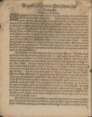 Zugabe/ und fernere Fortsetzung der Viehzucht. Von den Pferden.