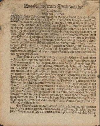 Zugabe/ und fernere Fortsetzung der Viehzucht. Von den Pferden.