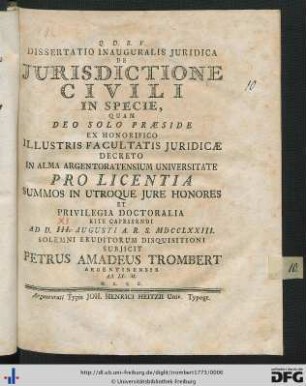 Dissertatio Inauguralis Juridica De Jurisdictione Civili In Specie