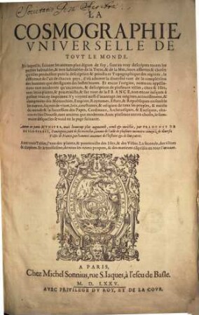 La Cosmographie universelle de tout le monde : avec beaucoup de gravures en bois, 1