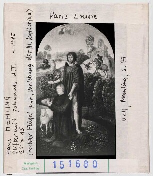 Hans Memling: Stifter mit Johannes dem Täufer (rechter Flügel zur Verlobung der Hl. Katharina). Paris, Louvre