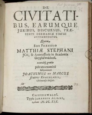 De Civitatibus, Earumque Iuribus, Discursus, Praesenti Germaniae Statui Accomodatus