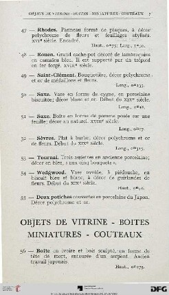 Objets de Vitrine – Boites – Miniatures – Couteaux (Nr. 56-93)