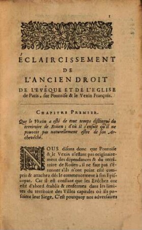 Eclaircissement de l'ancienne Droit de l'Eveque de Paris sur Pontoise francois