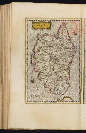 Karte von Korsika, Frankreich, ca. 1:770 000, kolorierter Kupferstich, 1645 : descriptio Corsicae Insulae. - [Ca. 1:770.000]. - [Amsterdam] : Ioannes Ianssonius, [1645]. - 1 Kt : Kupferst ; 21 x 32 cm. - Maßstab in graph. Form (Miliaria Italica Co.)