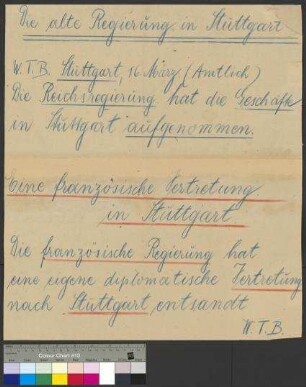 Bekanntmachung über den Geschäftsort (Exil) der Reichsregierung und einer französischen Regierungsvertretung in Stuttgart nach dem Kapp-Lüttwitz-Putsch im März 1920 in Berlin