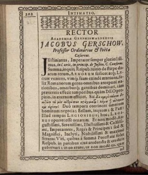 Rector Academiae Gryphiswaldensis Jacobus Gerschow, Professor Ordinarius & Poeta Caesarus.