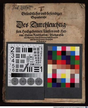 Gründtlicher und bestendiger Gegenbericht des Durchleuchtigsten Hochgebornen Fürsten und Herren, Herren Reichharden, Pfaltzgrafen bey Rhein, der Churfürstlichen Pfaltz Curatorn und Administratorn, Hertzogen in Beyern etc. auff die unlangst in Franckfurter Fastenmeß durch den Truck außgesprengte vermeinte Kurtze verzeichnus des jenigen, so sich zwischen S F G und dero ... Vettern ... Herrn Friderichen dem IIII. Pfaltzgrafen bey Rhein ... verlauffen haben solle