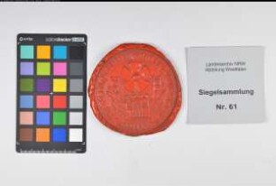 Siegler: Lippstadt, Stadt Überlieferungsart: Nachbildung. Stoff: Kunststoff Farbe: rot Form: rund. Durchmesser: Art: Typ: Umschrift: SIGILLVM BVRGENSIVM CIVITATIS DE LIPPIA