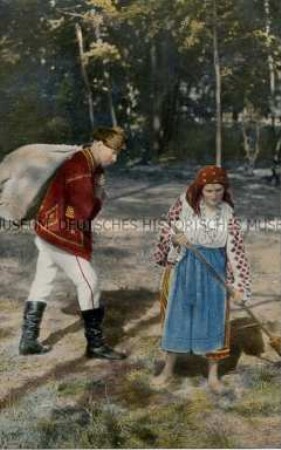 Paar in ukrainischer Volkstracht bei der Arbeit
