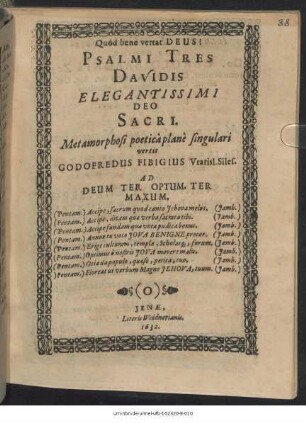 Psalmi Tres Davidis Elegantissimi Deo Sacri