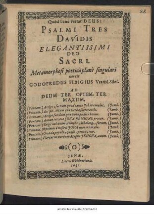 Psalmi Tres Davidis Elegantissimi Deo Sacri