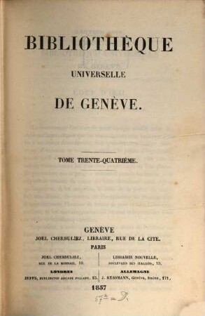 Bibliothèque universelle de Genève. 34. 1857
