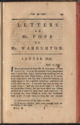 Letters Of Mr. Pope To Mr. Warburton