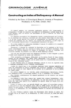 229, Constructing an Index of Delinquency - A Manual published by the Center of Criminological Research, University of Pennsylvania