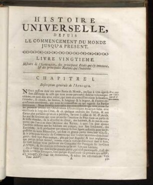 Livre Vingtieme. Histoire de l´Afrique, des principaux Etats qui s´y trouvent, & des principales Nations qui l´habitent.
