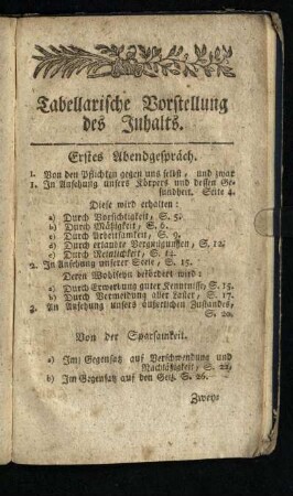 Tabellarische Vorstellung des Inhalts