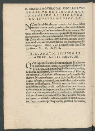 Declamatio Eiusdem In Laudem Artis Medicae.