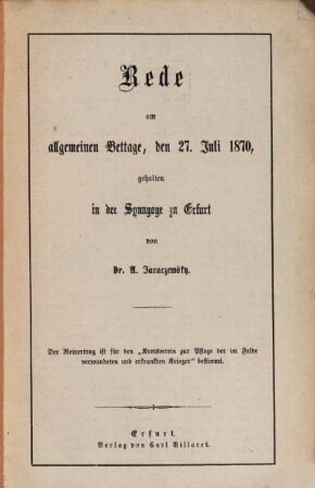 Rede am allgemeinen Bettage, den 27. Juli 1870, gehalten in der Synagoge zu Erfurt