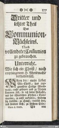 Dritter und letzter Theil Des Communion-Büchleins. Nach vollendeter Com[m]union zu gebrauchen