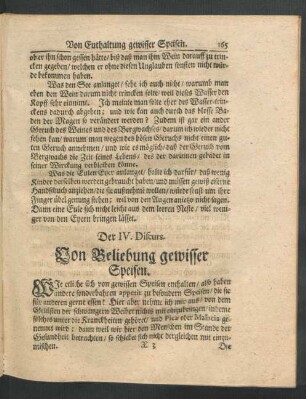 Der IV. Discurs. Von Beliebung gewisser Speisen.