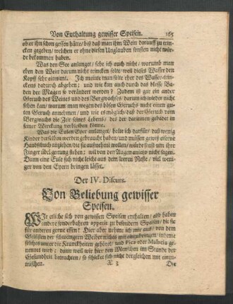 Der IV. Discurs. Von Beliebung gewisser Speisen.