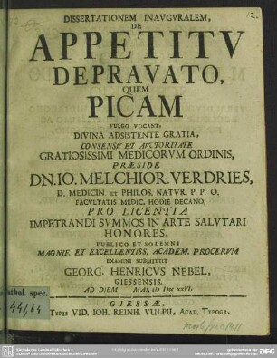 Dissertationem Inauguralem, De Appetitu Depravato, Quem Picam Vulgo Vocant