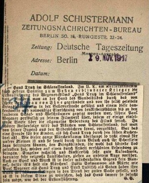 Kritik aus Deutsche Tageszeitung (19.11.1917)