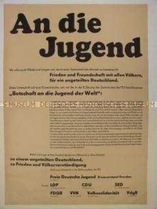 Aufruf zur Unterschrift unter die "Botschaft an die Jugend der Welt" des Zentralrates der FDJ